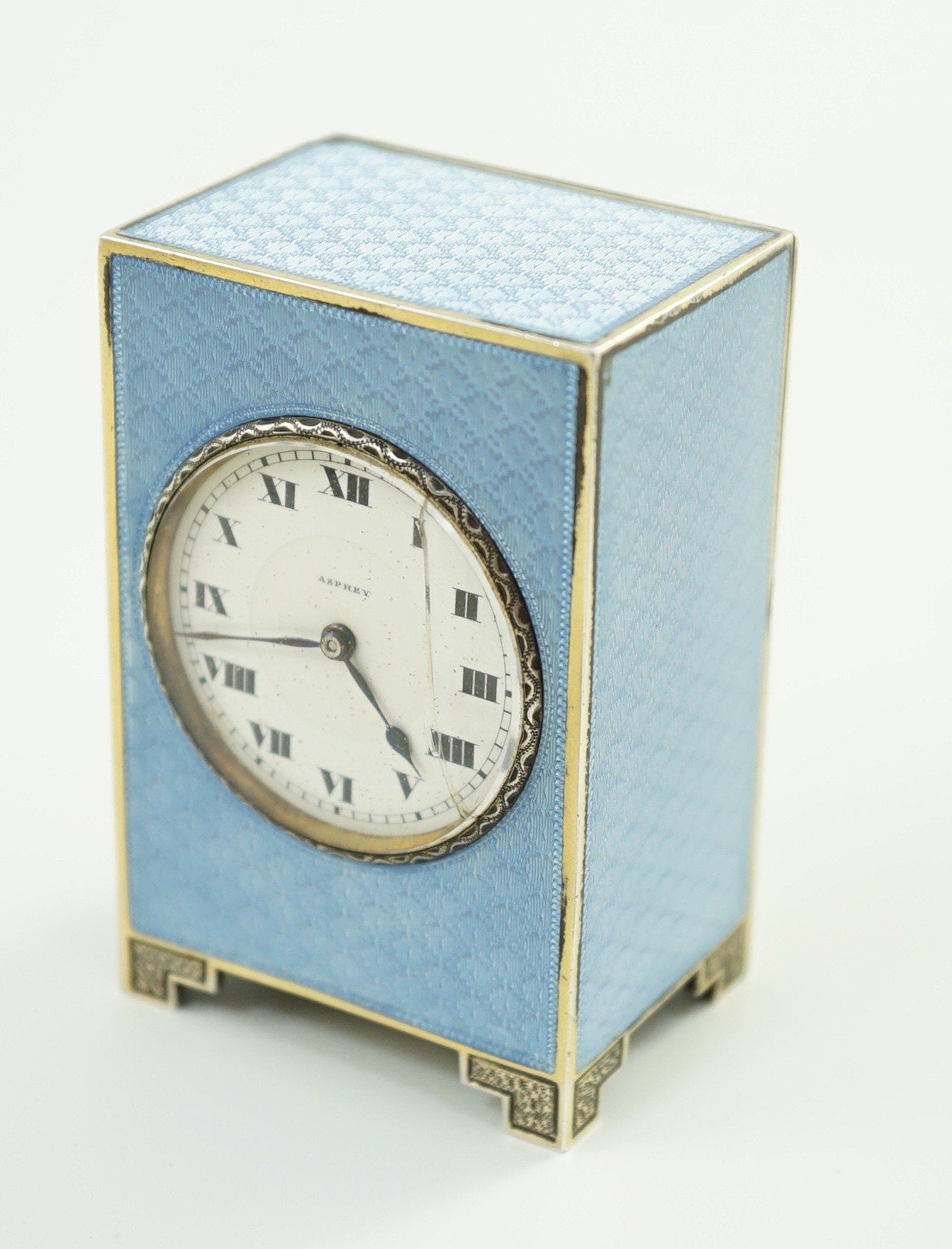 A George V continental silver and blue guilloche enamel miniature timepiece, retailed by Asprey, - Image 3 of 8