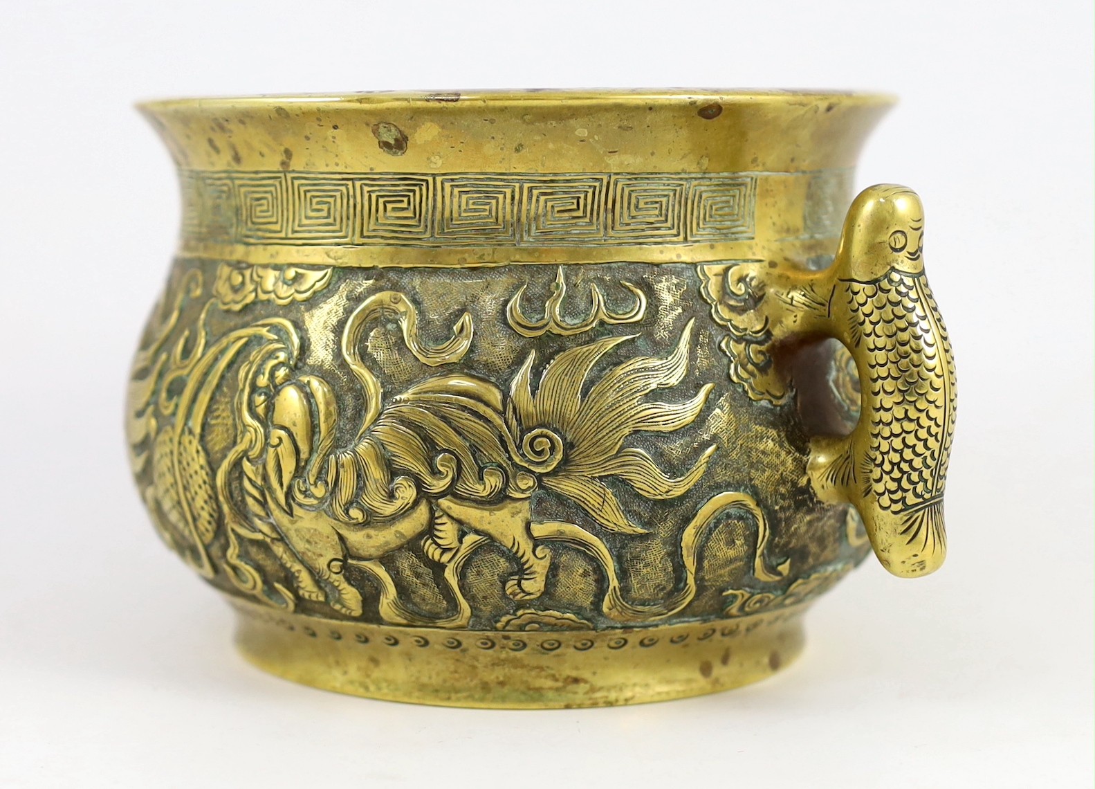 A Chinese polished bronze ‘Buddhist lion’ censer, gui, 19th century, cast and chased in relief - Image 8 of 10