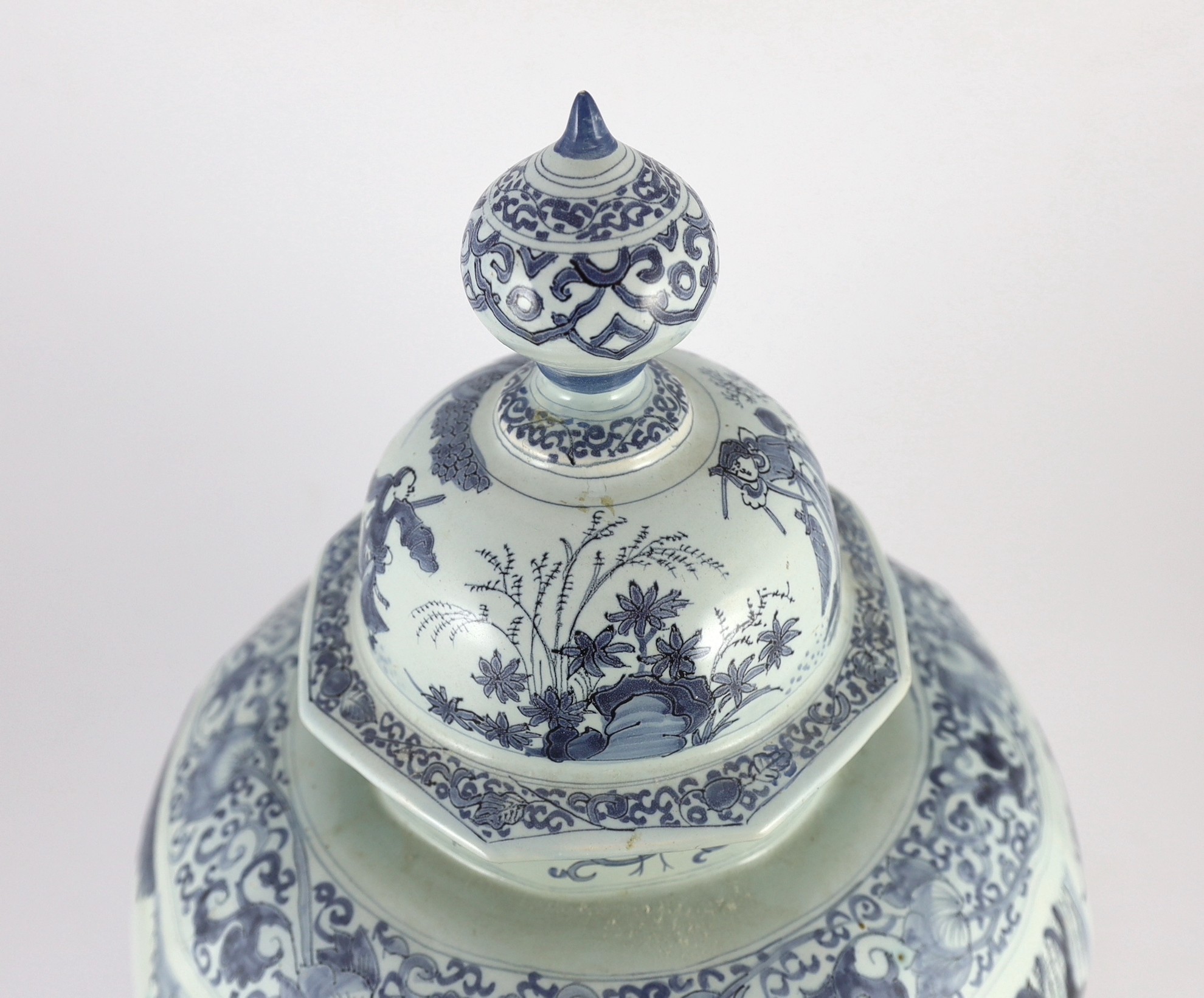 A massive Delft blue and white inverted baluster vase and cover, c.1700, painted with Chinese - Image 4 of 6