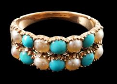 A Victorian gold two row turquoise and split pearl set half hoop ring, size M, gross weight 4.3
