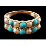 A Victorian gold two row turquoise and split pearl set half hoop ring, size M, gross weight 4.3