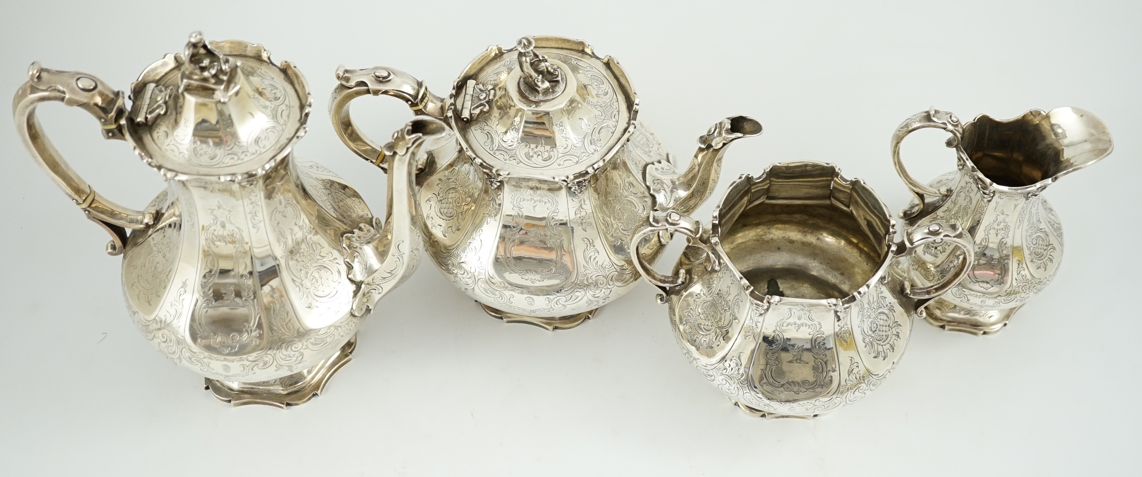 A Victorian silver pedestal four piece tea and coffee service by Robert Harper, of panelled baluster - Image 3 of 4