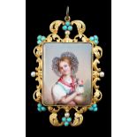A late 19th/early 20th century Swiss gold, turquoise and seed pearl set enamel pendant brooch, of