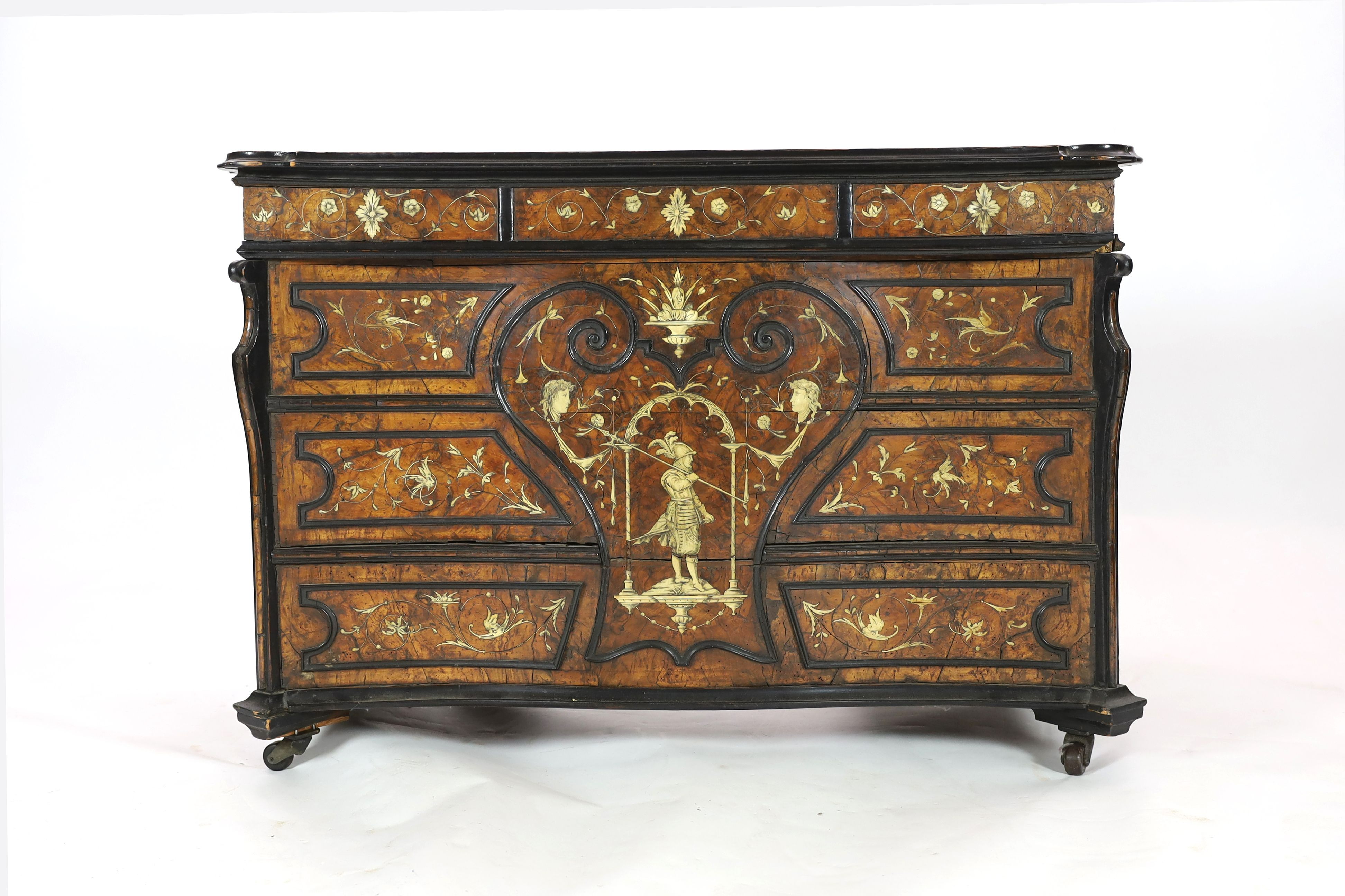 An important 18th century Lombardy ebony banded walnut and ivory inlaid twin pedestal desk, the - Image 5 of 5