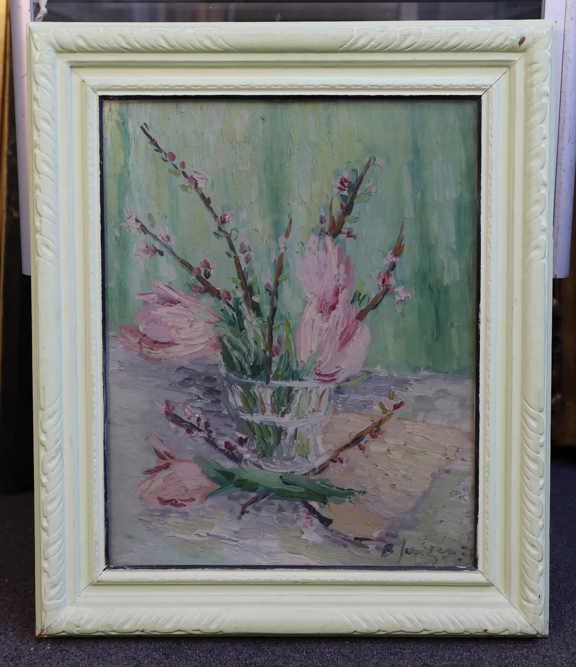 § § Basil Jonzen (British, 1913-1967) Still life of Magnolia blossom in a glass vaseoil on - Image 2 of 4