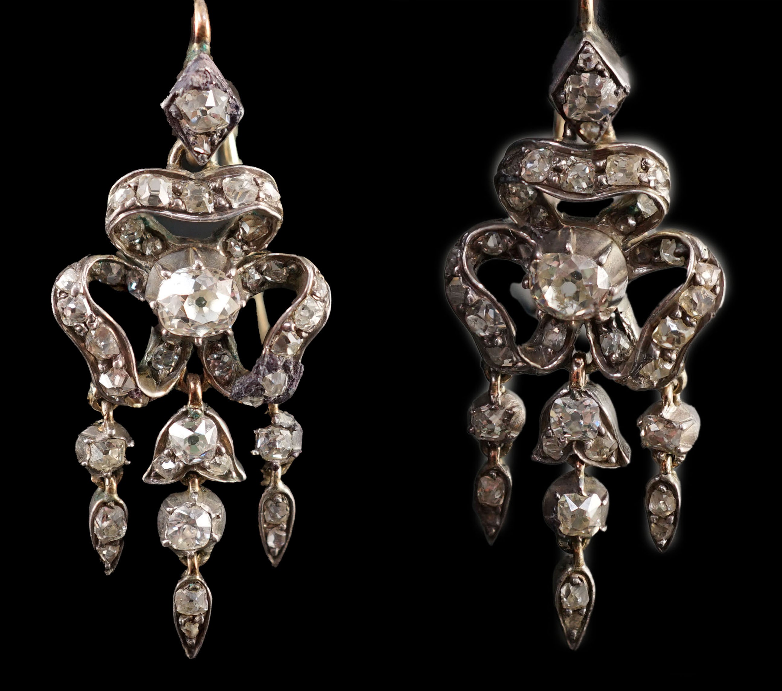 A pair of 19th century gold, silver and old cut diamond set drop earrings, of ribbon bow form, 37mm, - Image 2 of 6