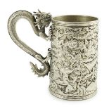 A late 19th century Chinese Export double skinned silver mug, by Leeching?, with dragon handle and