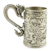 A late 19th century Chinese Export double skinned silver mug, by Leeching?, with dragon handle and