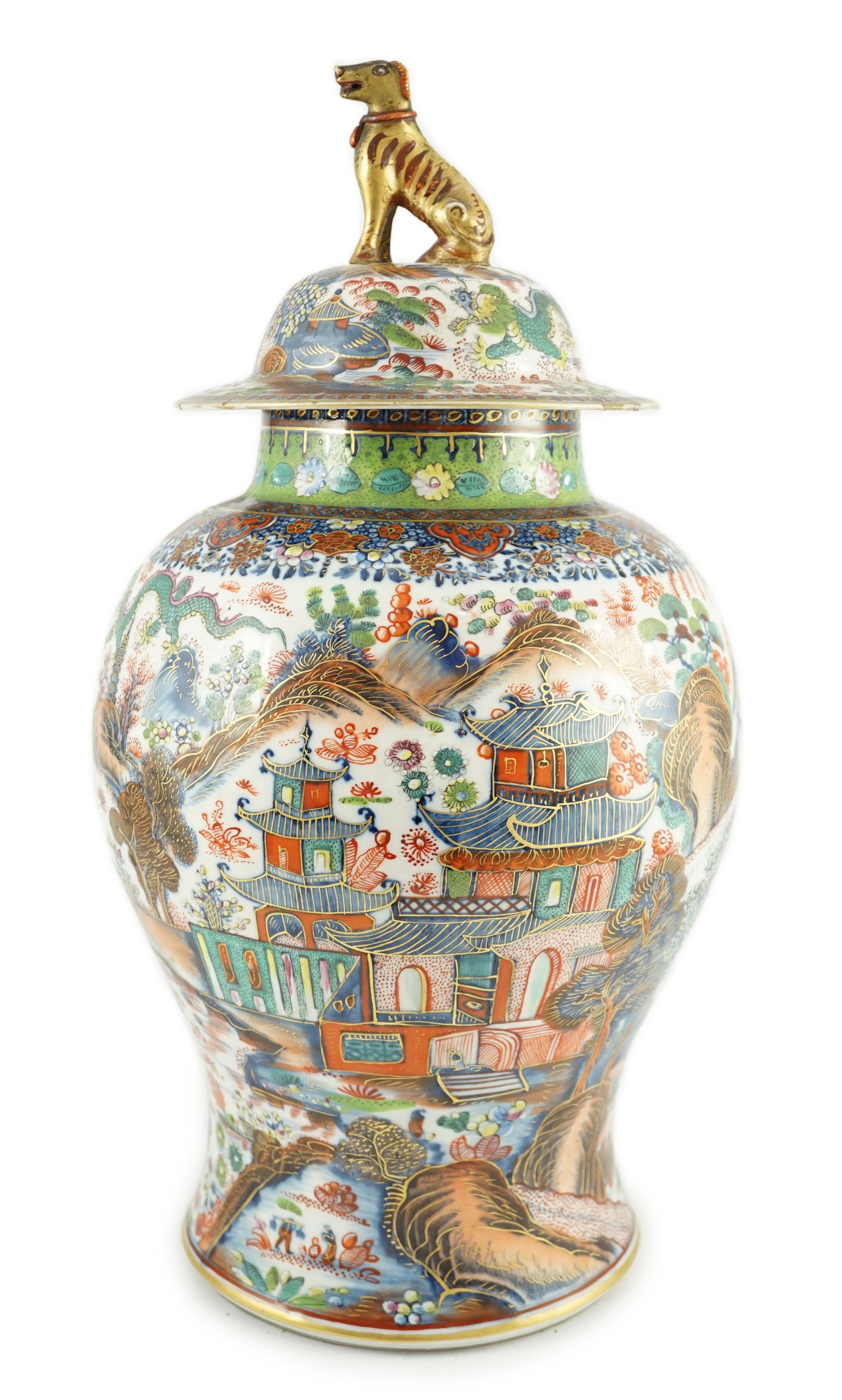 A Chinese clobbered blue and white vase and cover, 18th/19th century, painted in underglaze blue