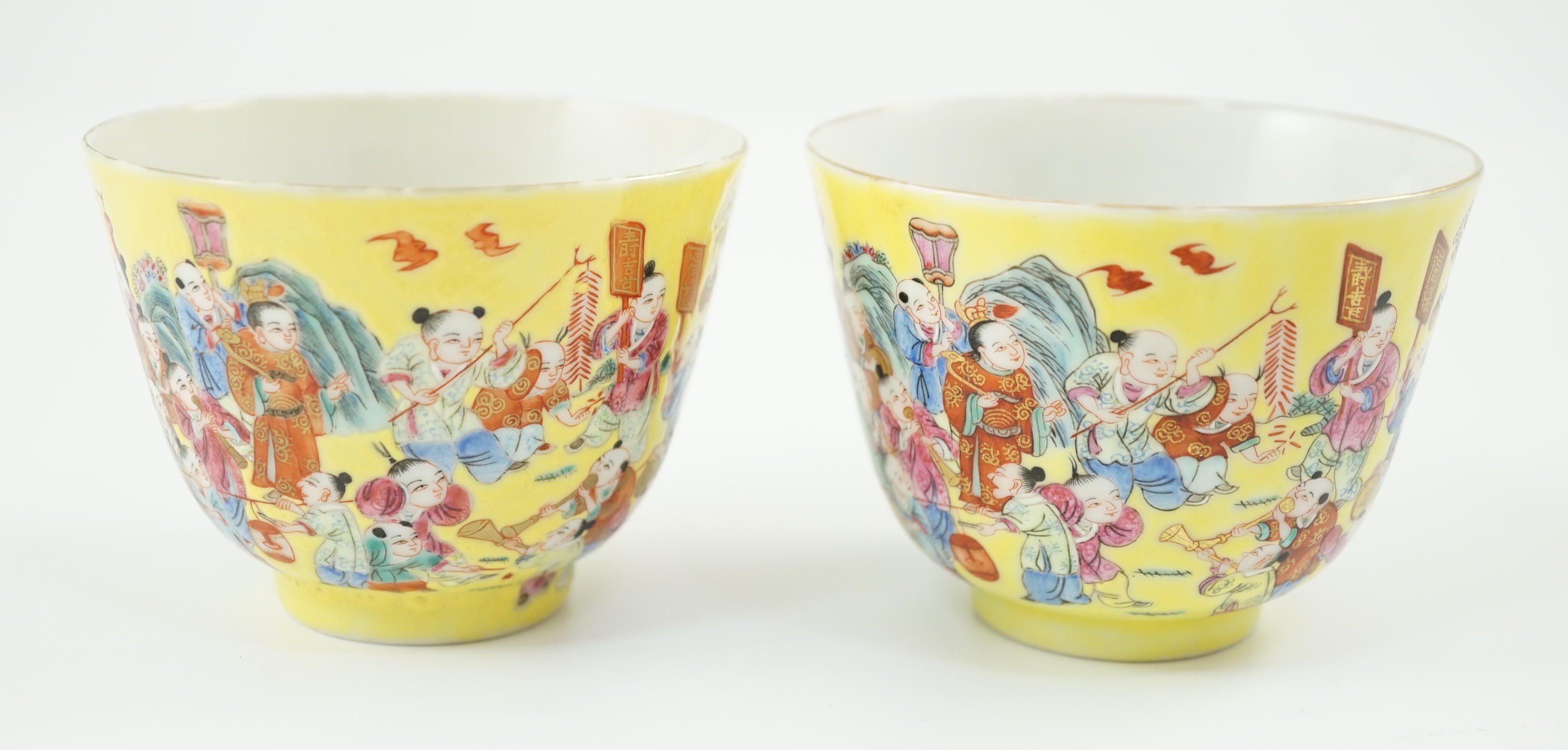 A pair of Chinese yellow ground 'Hundred Boys’ cups, 19th century, each a procession of boys, four - Image 3 of 4