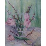 § § Basil Jonzen (British, 1913-1967) Still life of Magnolia blossom in a glass vaseoil on