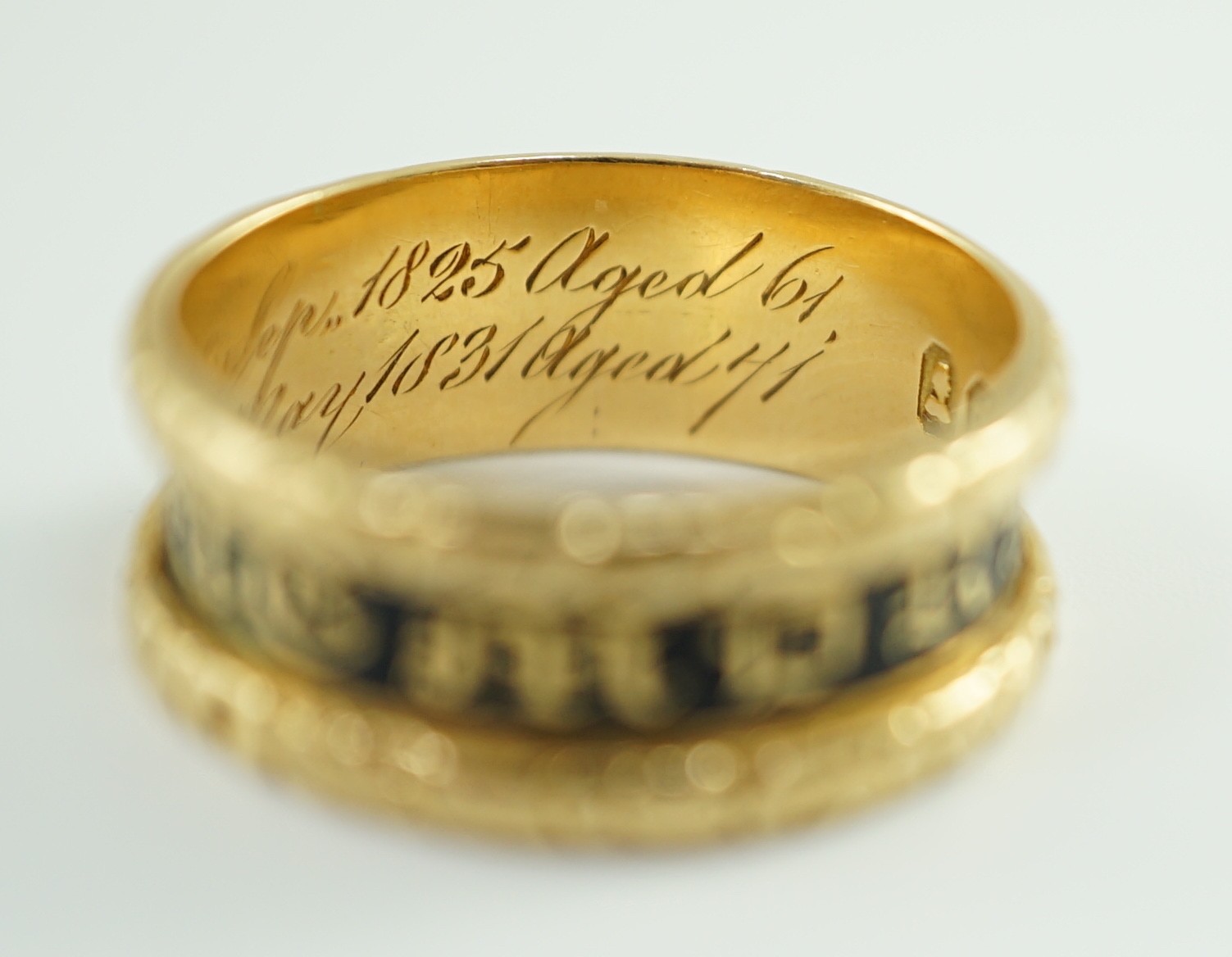 A George IV 18ct gold and black enamel 'In Memory Of' mourning band, with carved scroll border, - Image 9 of 9