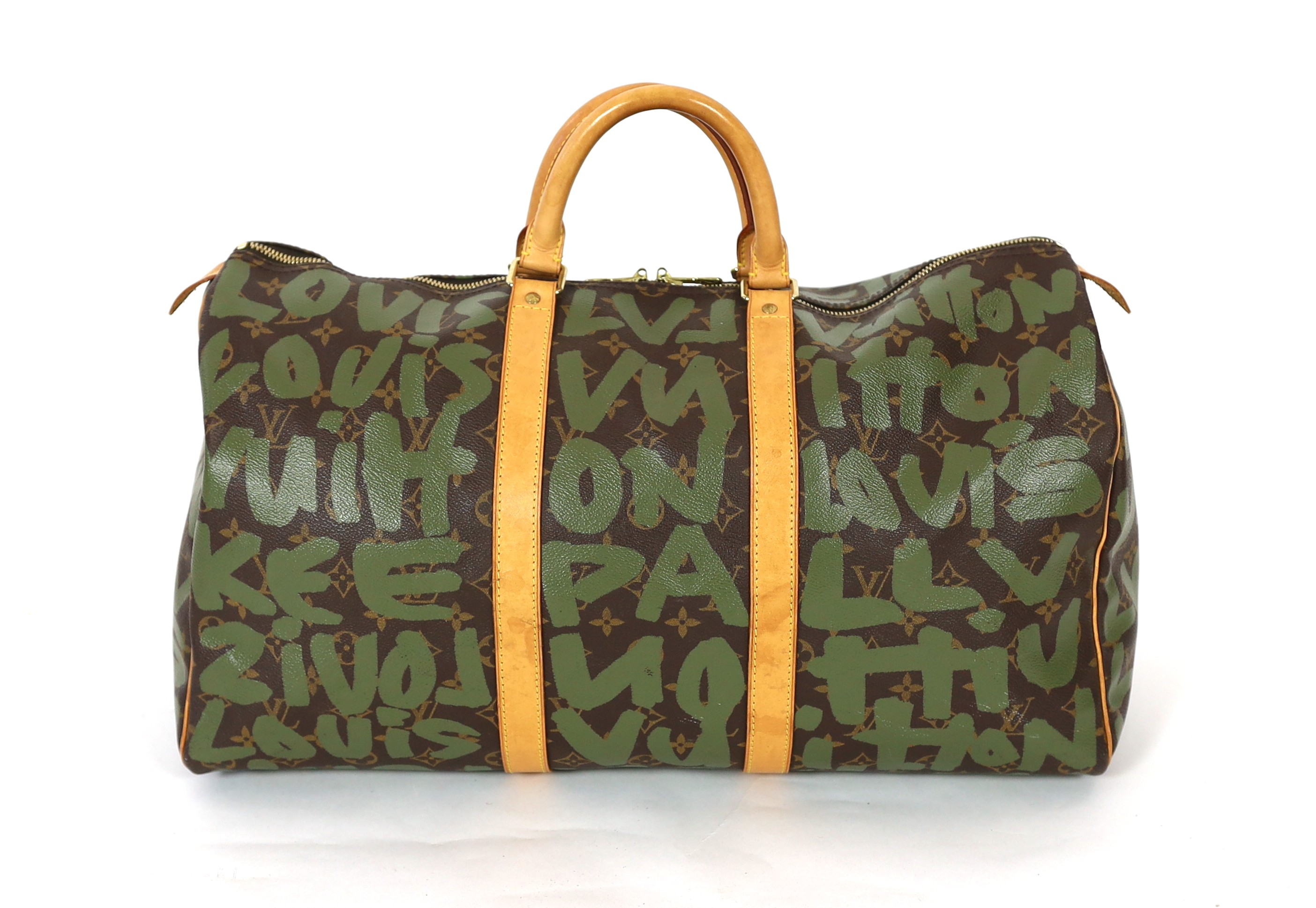 A vintage 2001 Louis Vuitton Stephen Sprouse Khaki Green Monogram Graffiti Keepall 50 - Image 5 of 10