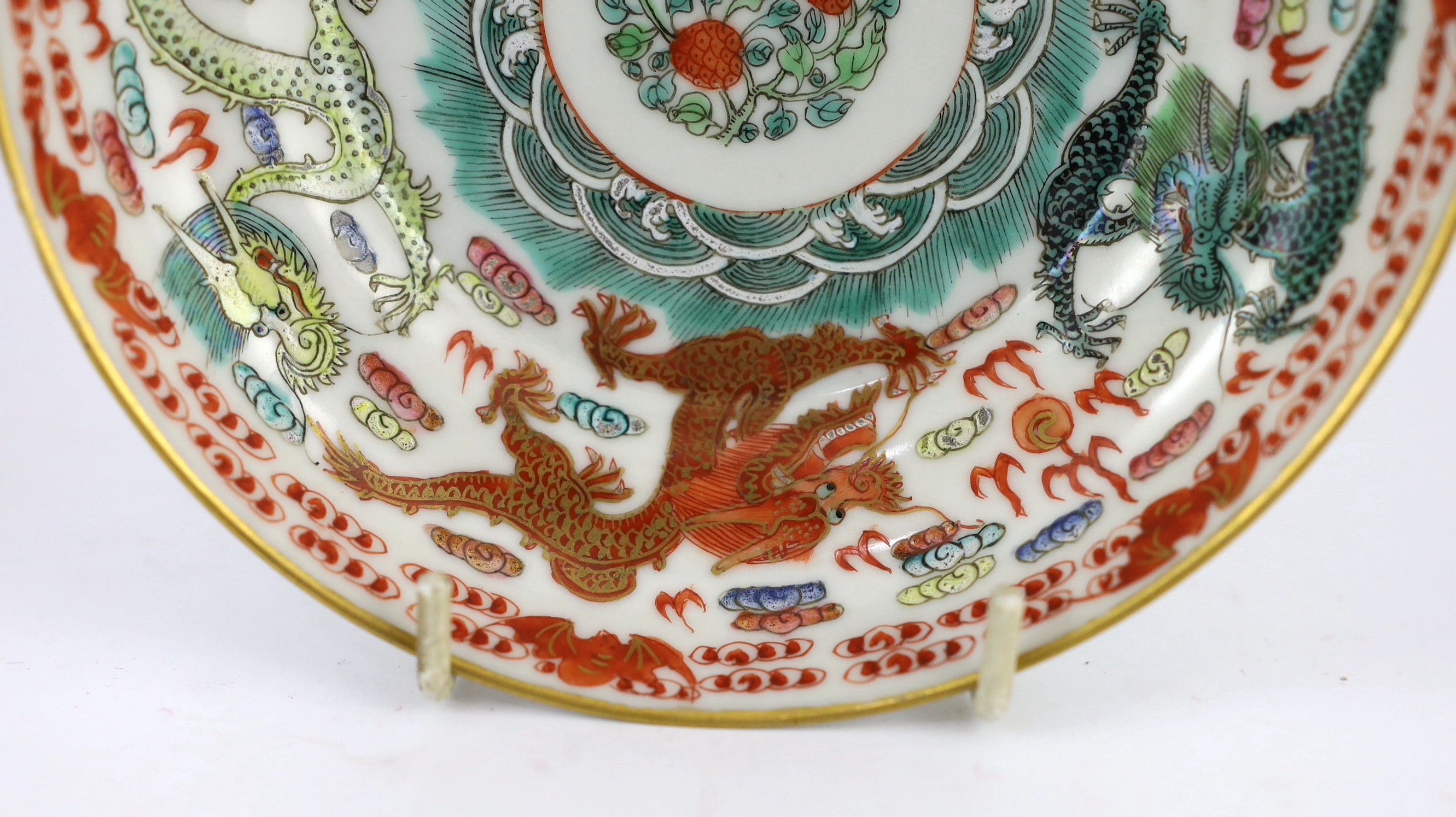 A Chinese famille rose fencai ‘dragon’ saucer dish, Jiaqing four character seal mark, 19th - Image 6 of 7