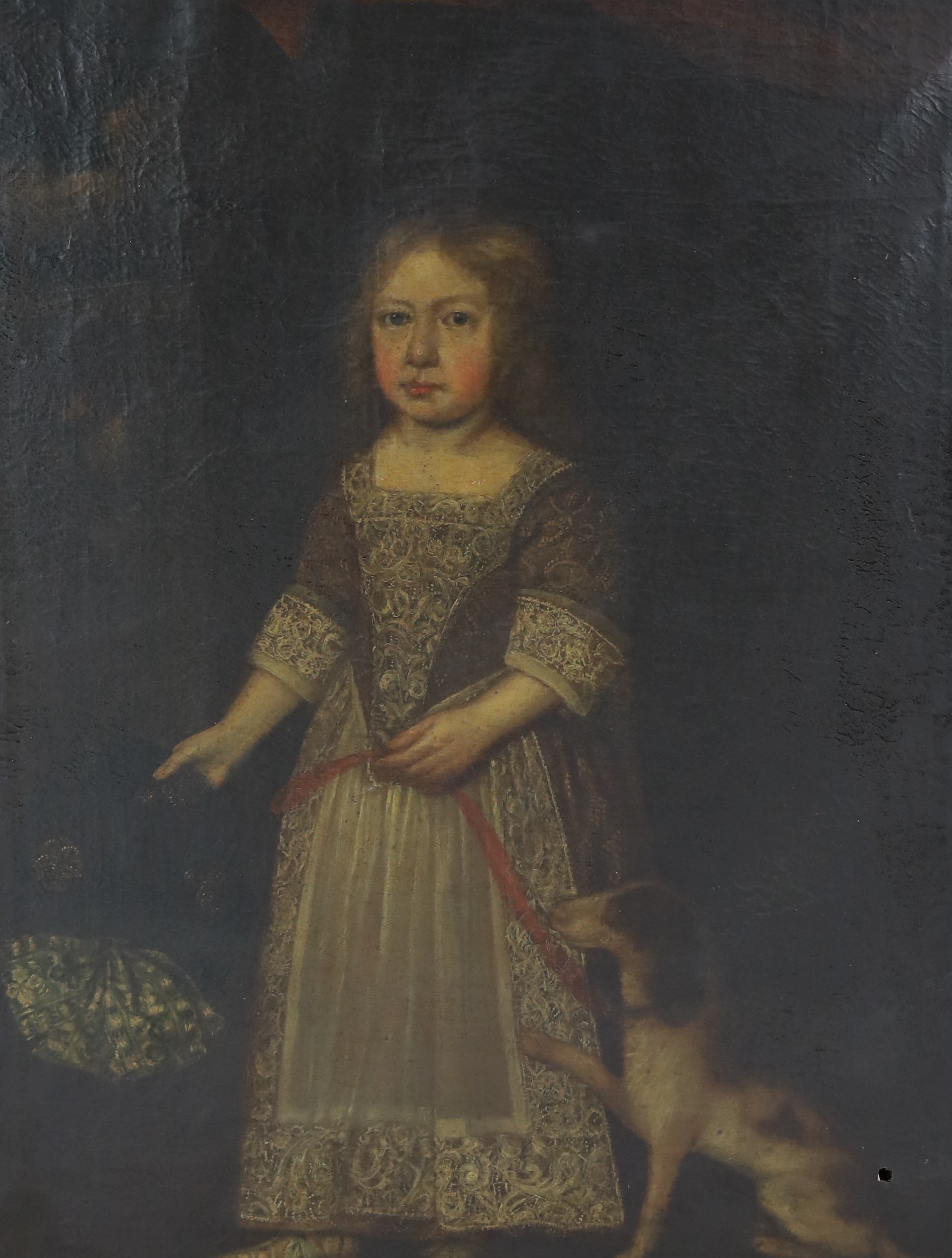 Late 17th century English School Full length portrait of a child standing beneath a canopy with a - Image 3 of 6