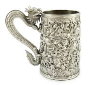 A late 19th century Chinese Export double skinned silver mug, by Cumwo, with dragon handle and