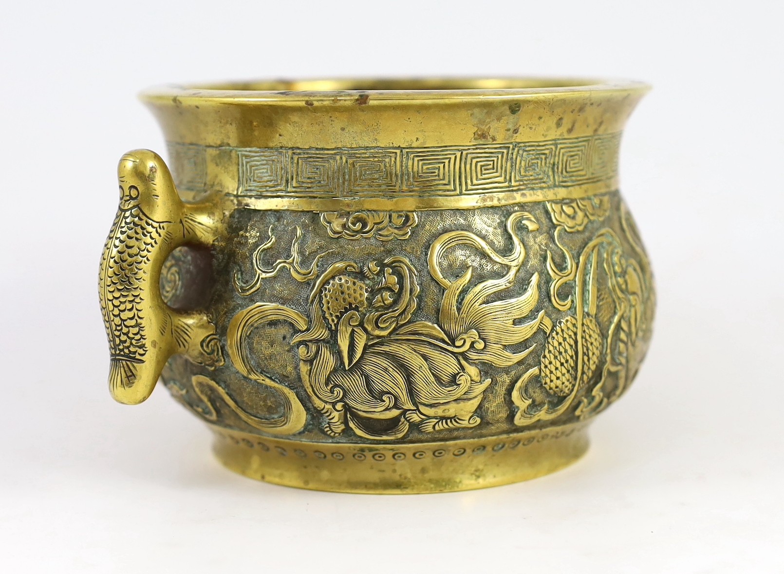 A Chinese polished bronze ‘Buddhist lion’ censer, gui, 19th century, cast and chased in relief - Image 6 of 10