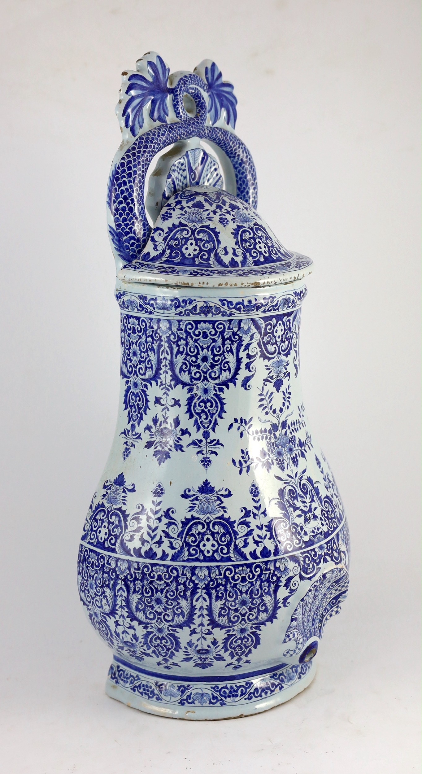 A large Rouen faience blue and white cistern, second quarter 18th century, painted with foliate - Image 2 of 7