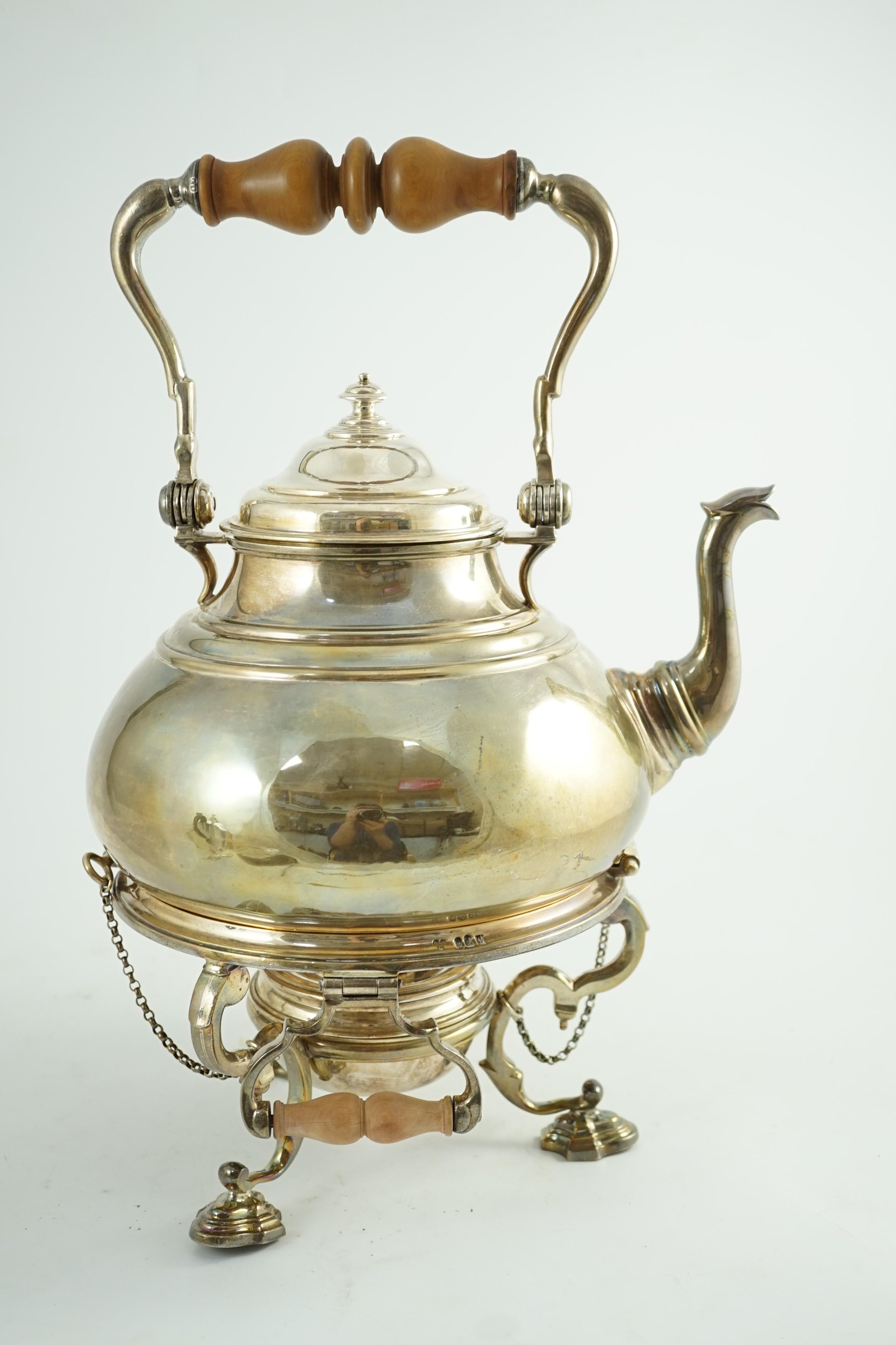 A large George V Britannia standard silver tea kettle on two handled stand, with burner, by - Image 4 of 6