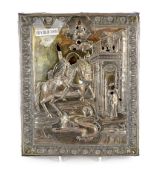 A 19th century Russian icon of St. George with silver oklad, dated 181?, extensively inscribed