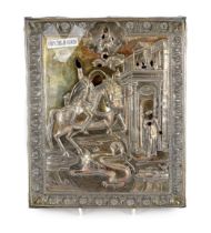 A 19th century Russian icon of St. George with silver oklad, dated 181?, extensively inscribed