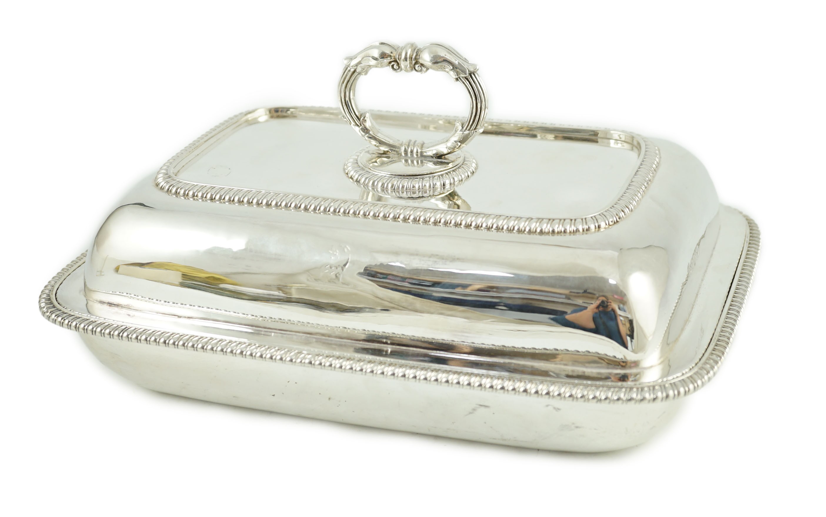 A George III silver shaped rectangular tureen, cover and handle, the base hallmarked for London,
