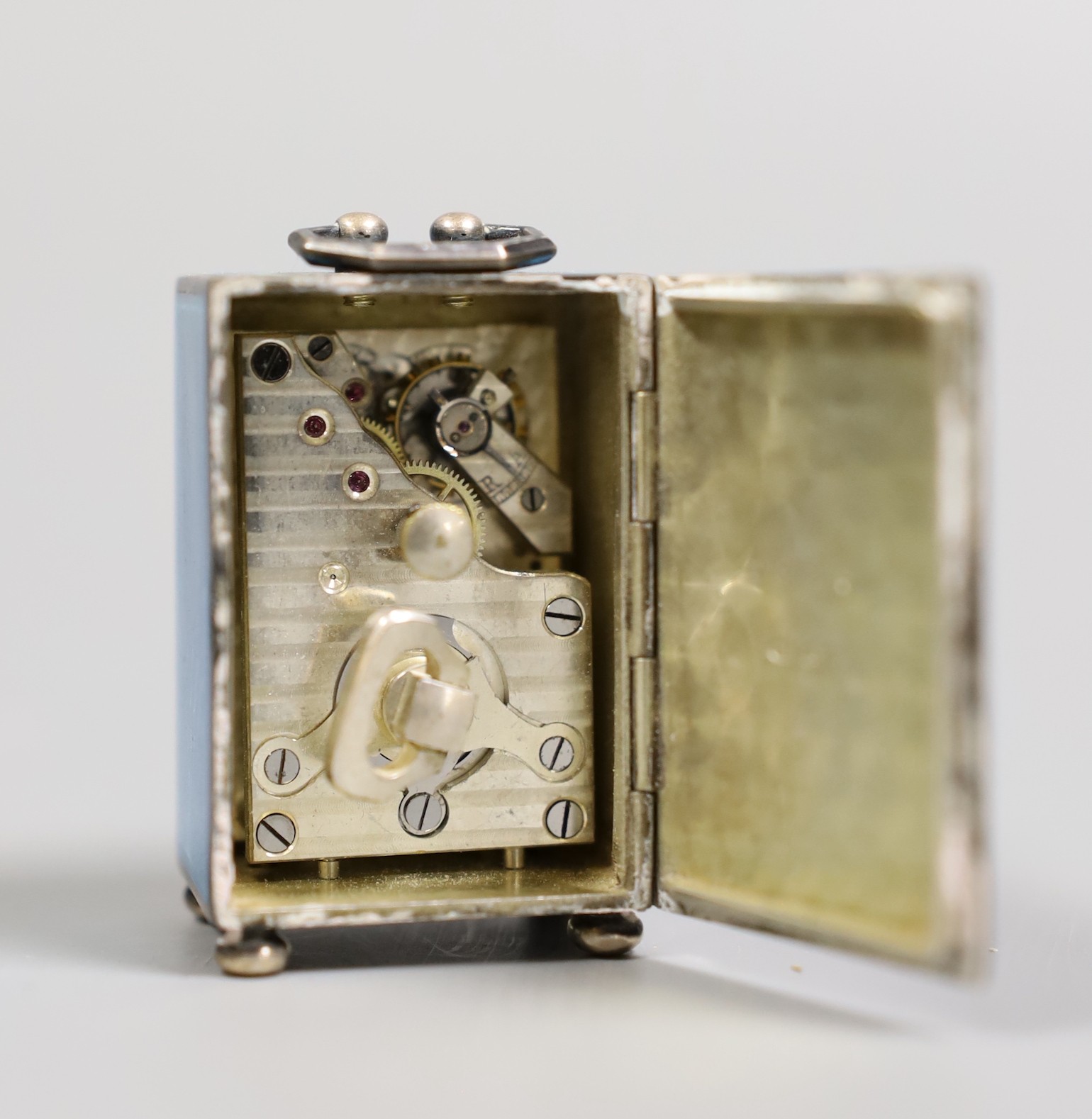 A George V Swiss blue enamel and silver cased miniature carriage timepiece, import marks for - Image 6 of 12