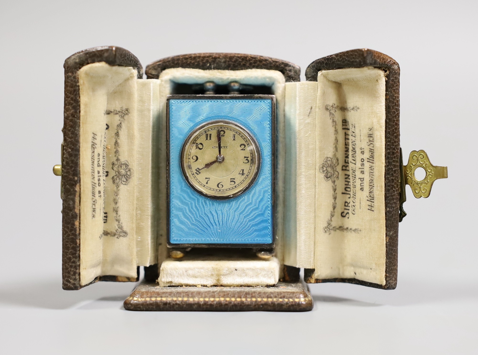 A George V Swiss blue enamel and silver cased miniature carriage timepiece, import marks for - Image 2 of 12