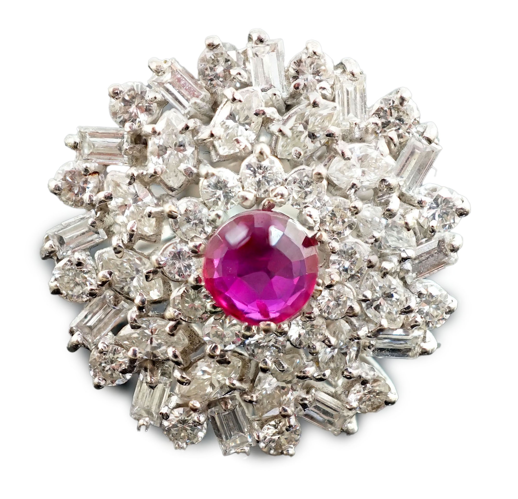 A modern 18ct white gold, ruby and round, baguette and marquise cut diamond cluster set dress - Image 2 of 10
