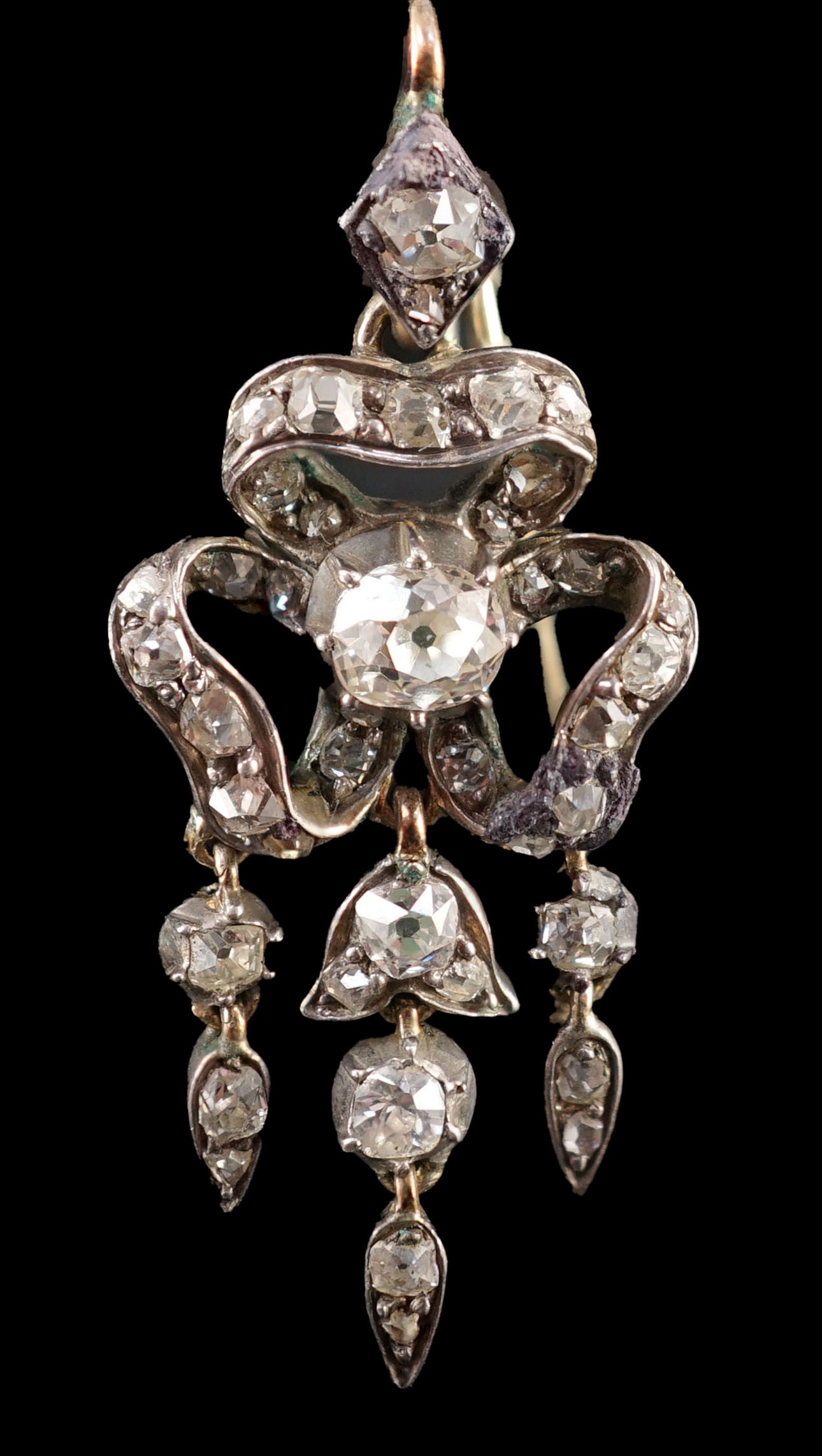 A pair of 19th century gold, silver and old cut diamond set drop earrings, of ribbon bow form, 37mm, - Image 5 of 6