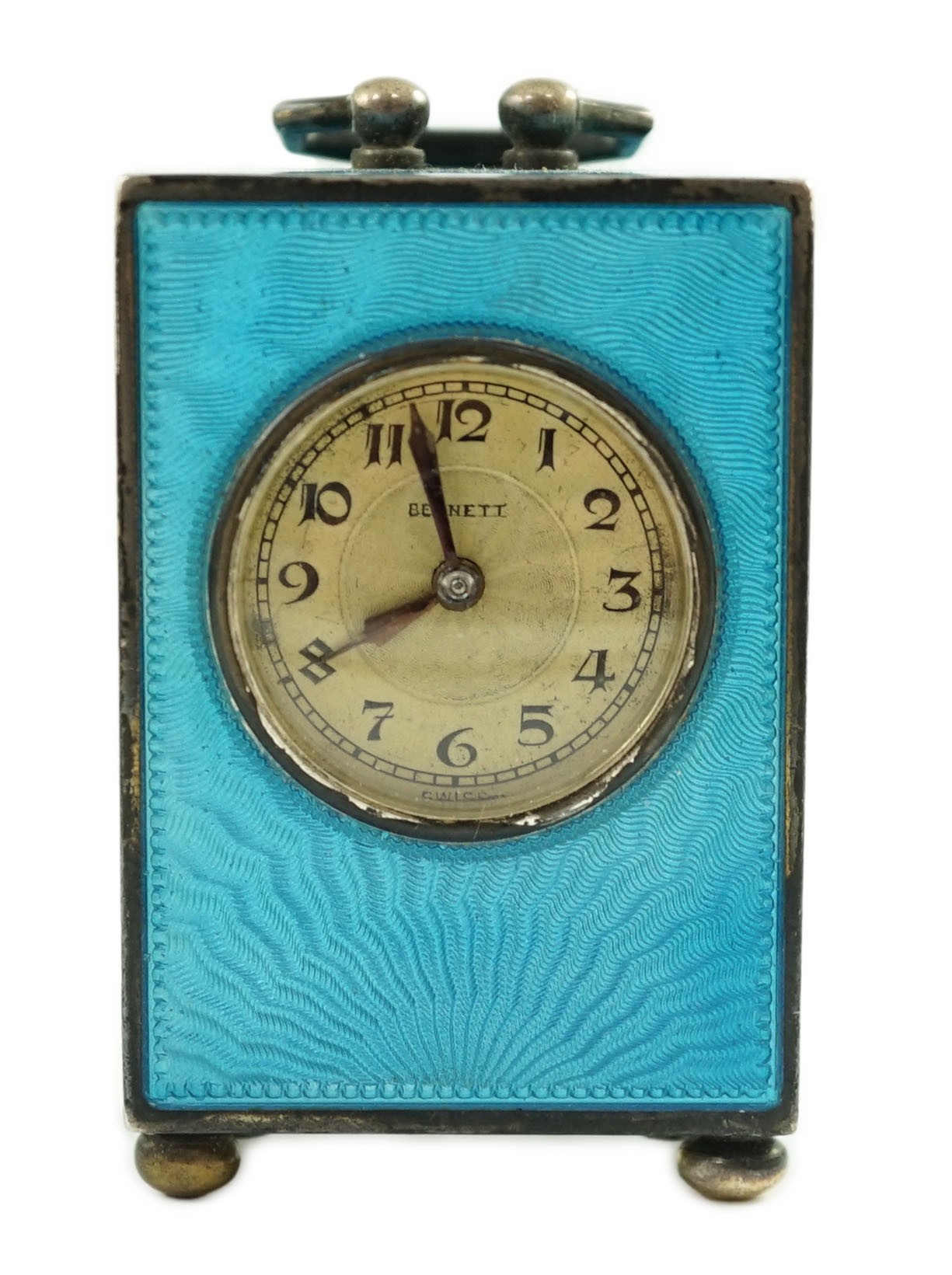 A George V Swiss blue enamel and silver cased miniature carriage timepiece, import marks for