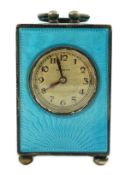 A George V Swiss blue enamel and silver cased miniature carriage timepiece, import marks for