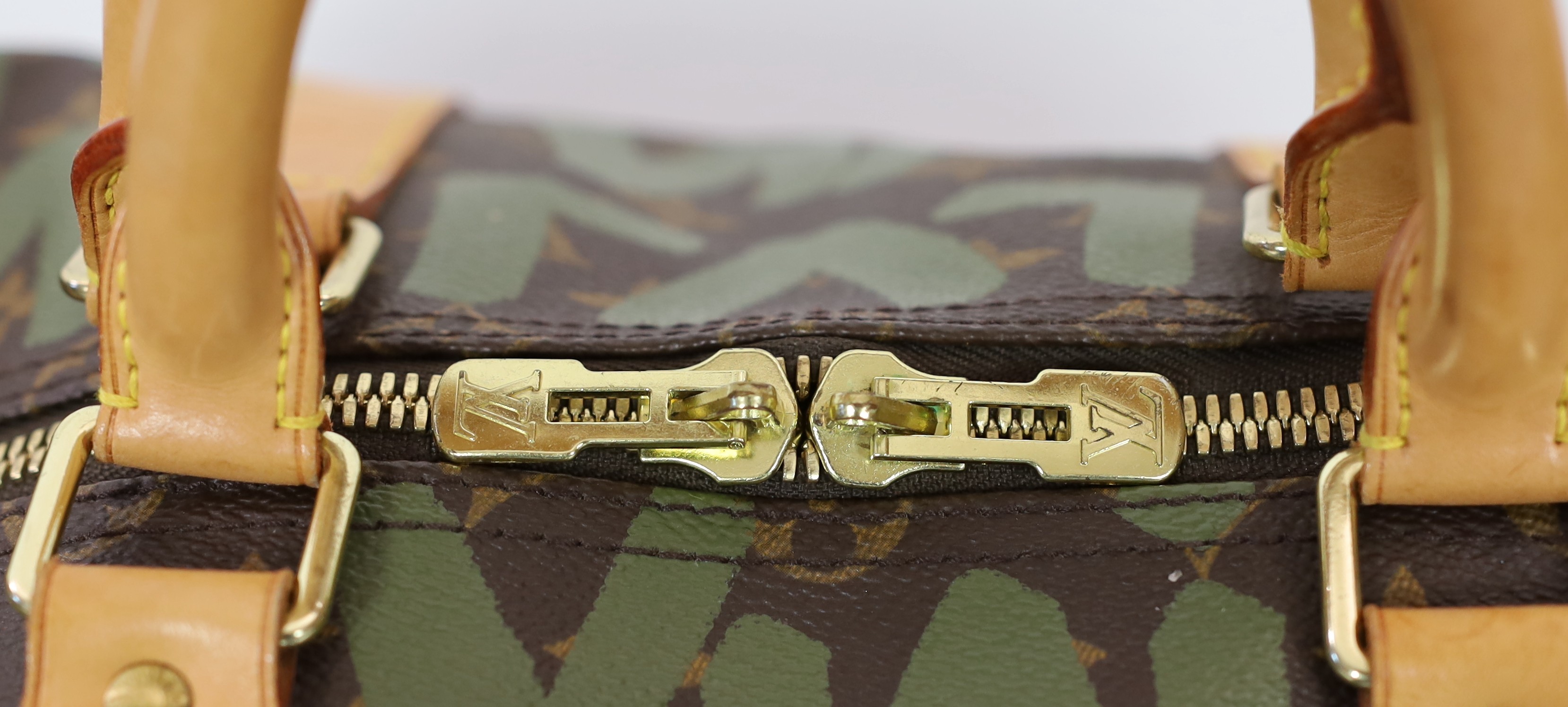 A vintage 2001 Louis Vuitton Stephen Sprouse Khaki Green Monogram Graffiti Keepall 50 - Image 3 of 10