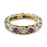 A modern 18ct gold, emerald, sapphire, ruby and diamond set full eternity ring, size O, gross weight