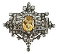 A 19th century gold and silver, rose cut diamond cluster and single stone oval citrine set brooch,