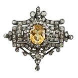 A 19th century gold and silver, rose cut diamond cluster and single stone oval citrine set brooch,