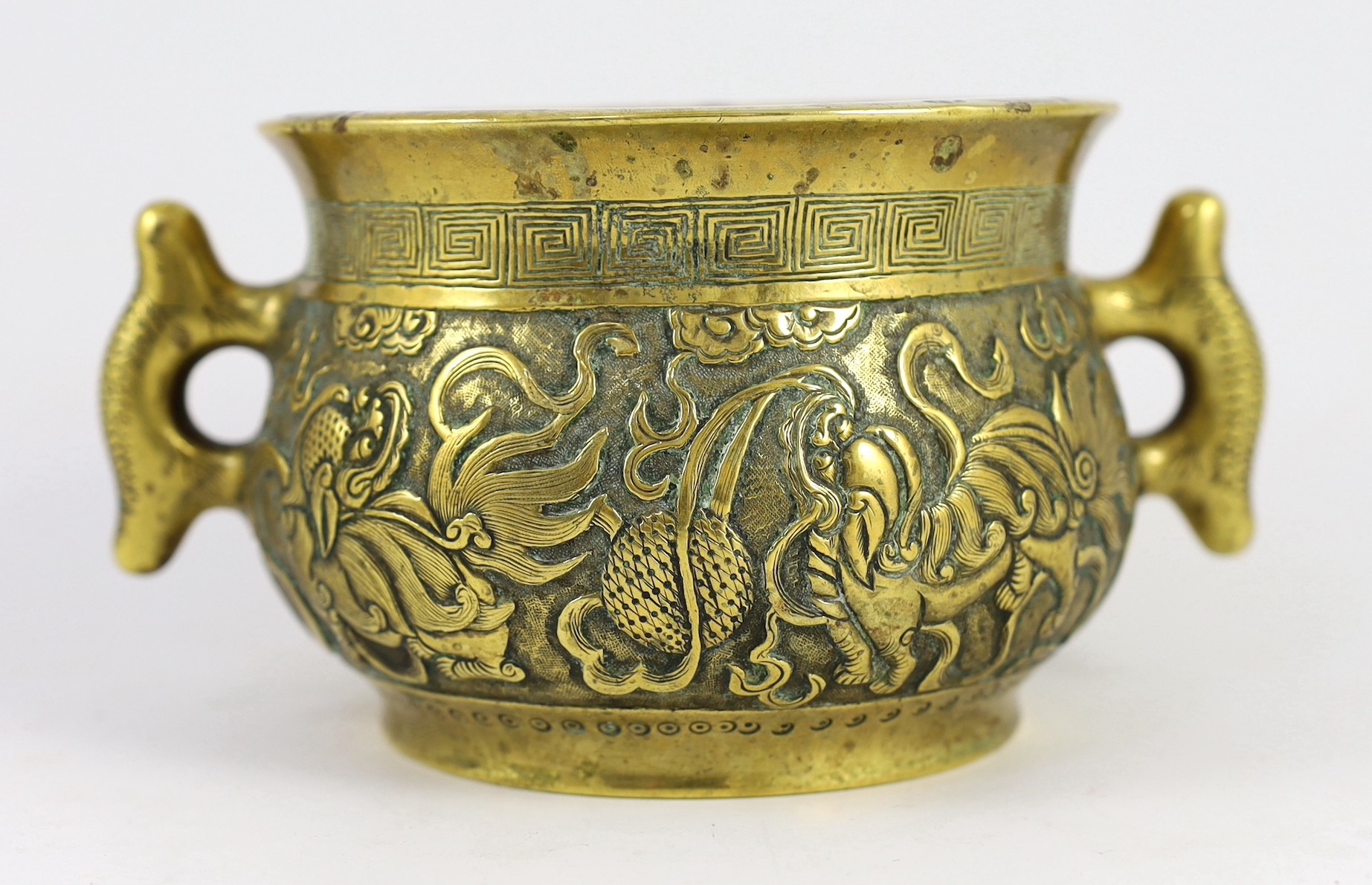 A Chinese polished bronze ‘Buddhist lion’ censer, gui, 19th century, cast and chased in relief - Image 7 of 10