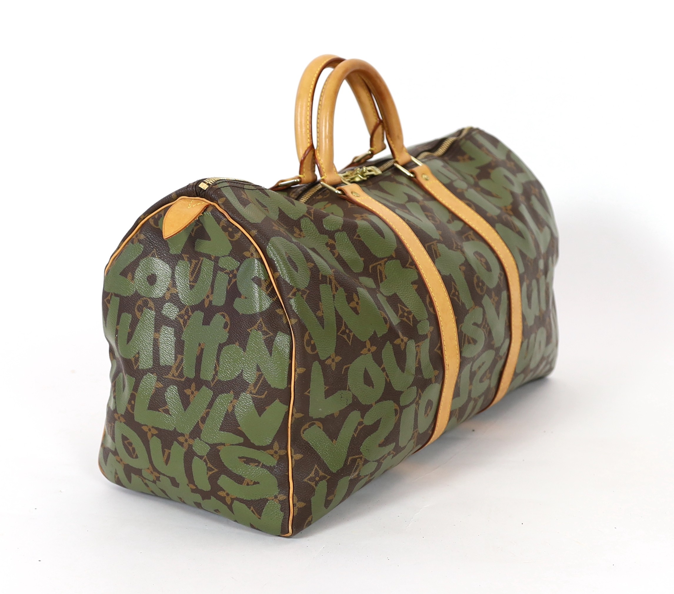 A vintage 2001 Louis Vuitton Stephen Sprouse Khaki Green Monogram Graffiti Keepall 50 - Image 4 of 10