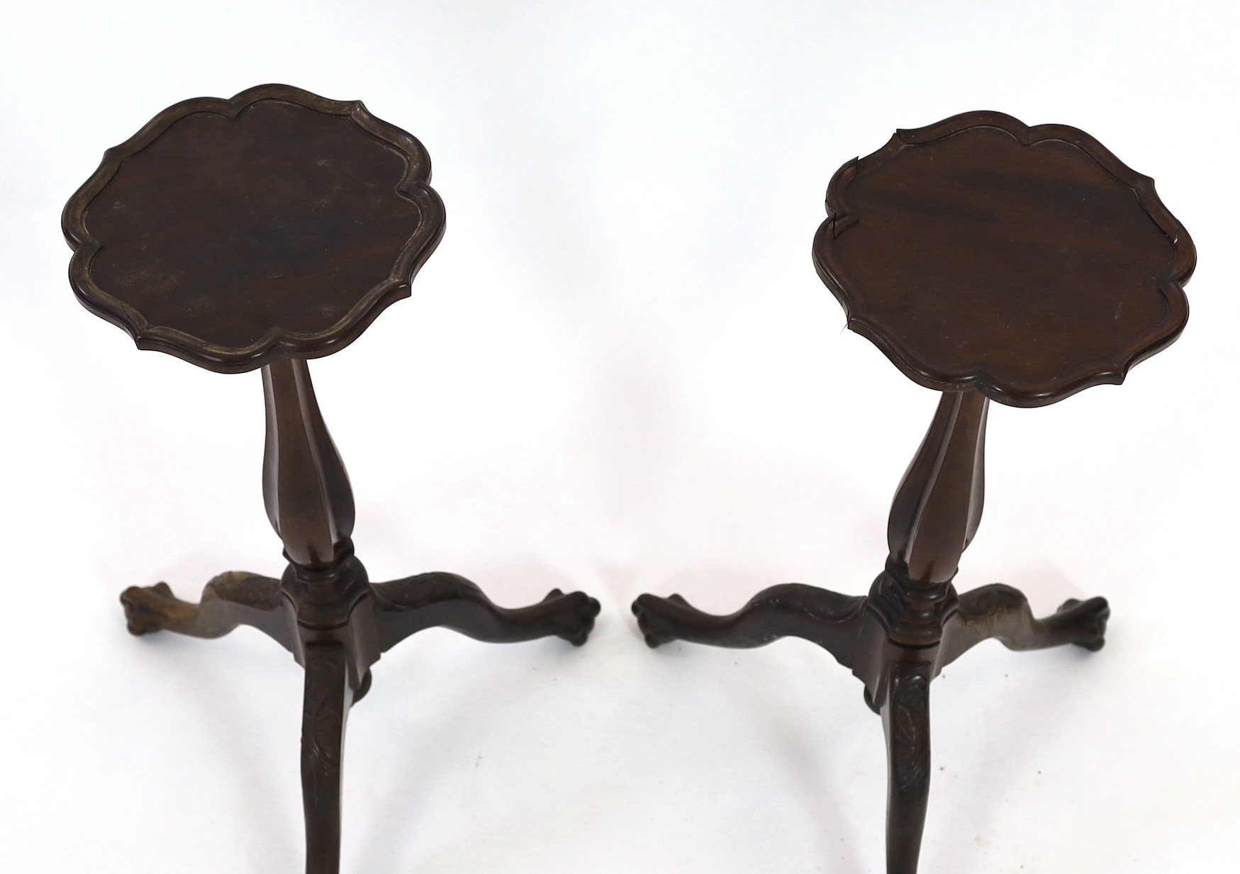 A pair of 18th century Dutch mahogany and oak torchere stands, with piecrust tops and fluted - Image 2 of 4