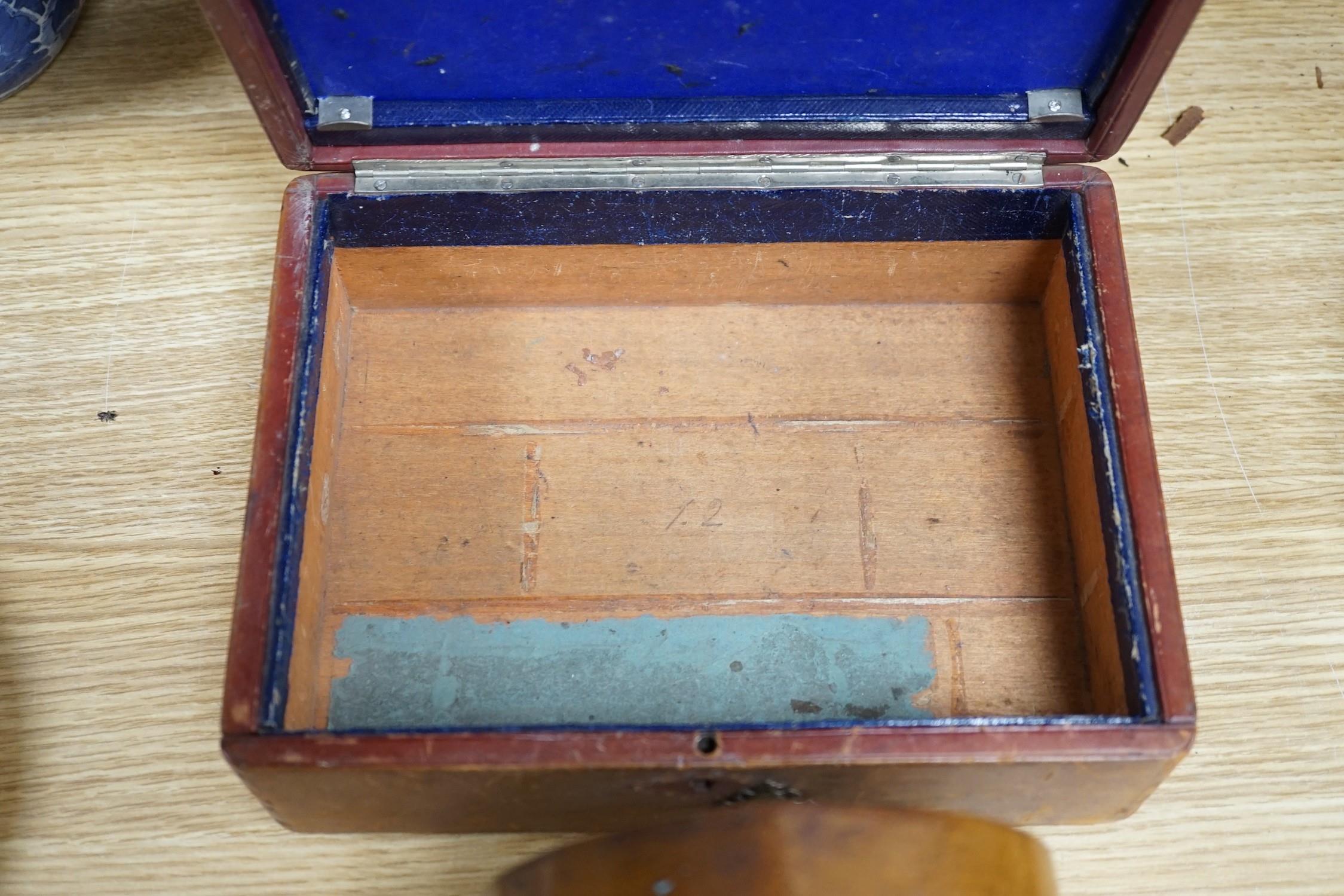 A 19th century mahogany tea caddy, writing slope, leather box and mantel clock, largest 30cm wide - Image 3 of 4