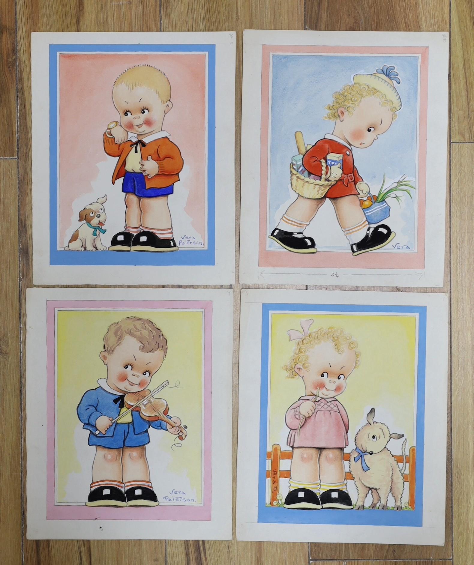 Reg Maurice (aka Vera Paterson), four watercolours, original postcard artwork for children's