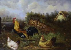 G. Metsu, oil on panel, Chickens in a landscape, signed, 17 x 22cm