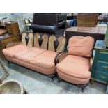 A 1920's caned beech two piece bergere suite, settee length 168cm, depth 72cm, height 82cm