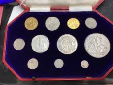 A cased Edward VII eleven-coin specimen set, matt surface, 1902, full gold sovereign through to