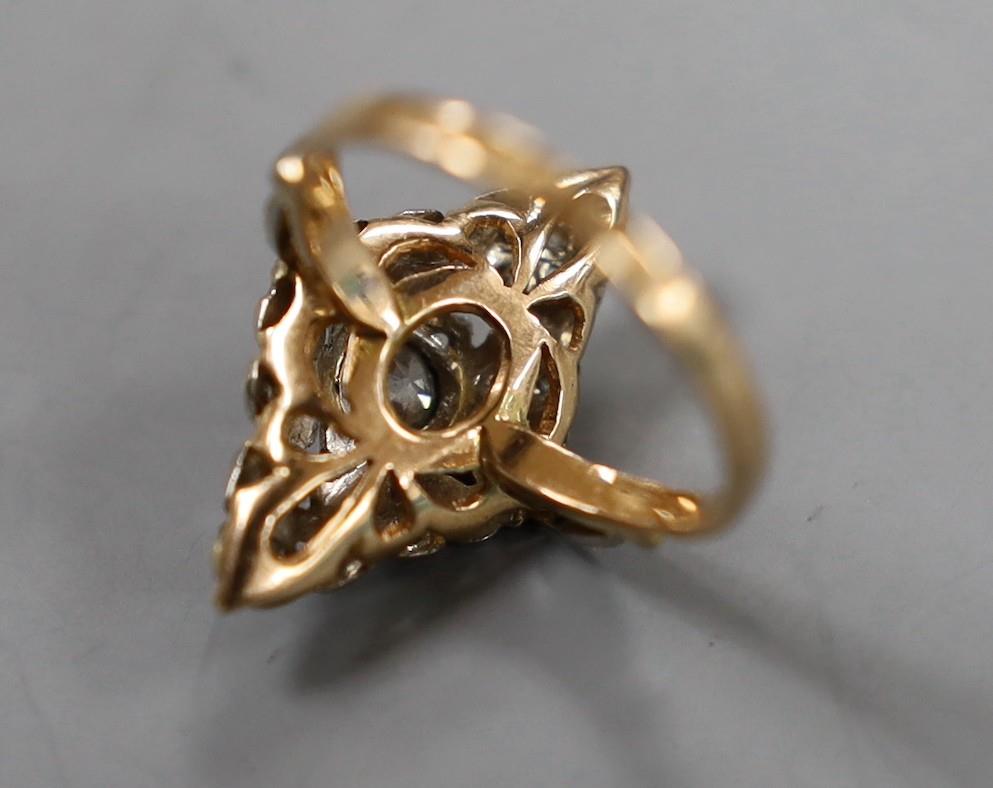 A 1950's Soviet 583 yellow metal (14k) and diamond set marquise cluster ring, size P/Q, gross weight - Image 3 of 3