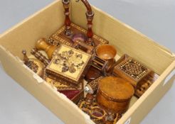 A collection of Tunbridge ware boxes, a watch stand, sewing related items, etc