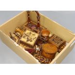 A collection of Tunbridge ware boxes, a watch stand, sewing related items, etc