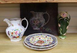 An early Victorian bone china jug, 19.5cm tall, related oil on canvas, three plates and