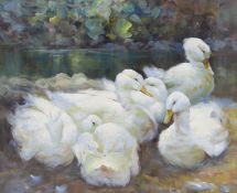 After Constant Artz, oil on board, Study of ducks, signed P. Laing, 49 x 59cm