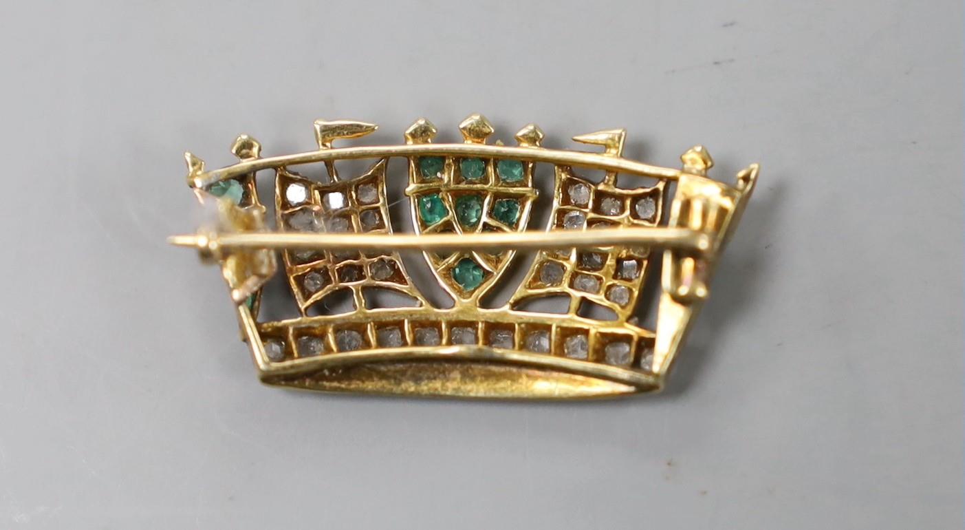 An early 20th century yellow metal, emerald and diamond set coronet brooch, 30mm, gross weight 4.4 - Image 2 of 2